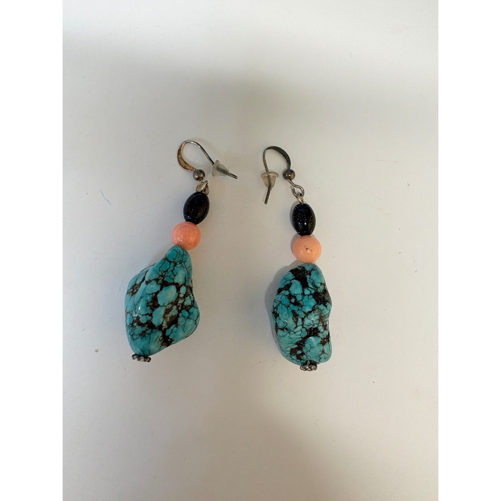 Vintage Turquoise Nugget Drop Earrings Pink‎ Black Bead Boho Southwestern